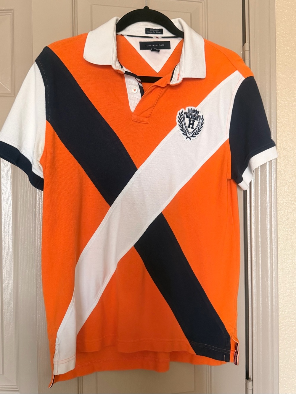 Tommy Hilfiger Orange, Navy & White Diagonal-Stripe Polo